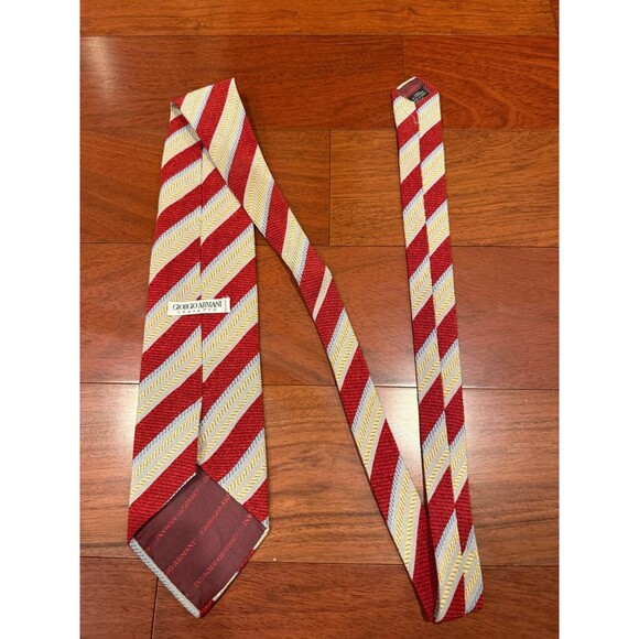 Giorgio Armani Silk Tie Slant Stripe Cravatte VTG | Red Yellow | 56"L 3.75"W - Picture 3 of 8